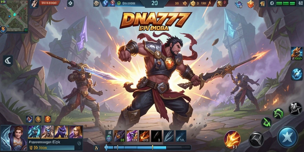 Screenshot <strong>DNA777</strong> menampilkan aksi intens dalam pertempuran MOBA.