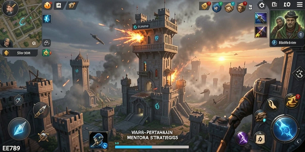 Screenshot EE789 memperlihatkan gameplay strategi pertahanan menara yang intens.