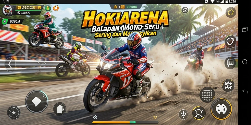 Gameplay HOKIARENA yang mendebarkan dengan motor balap.