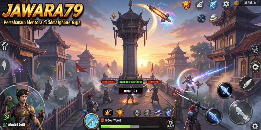 Tangkapan layar gameplay JAWARA79 yang menunjukkan strategi menara defensif.