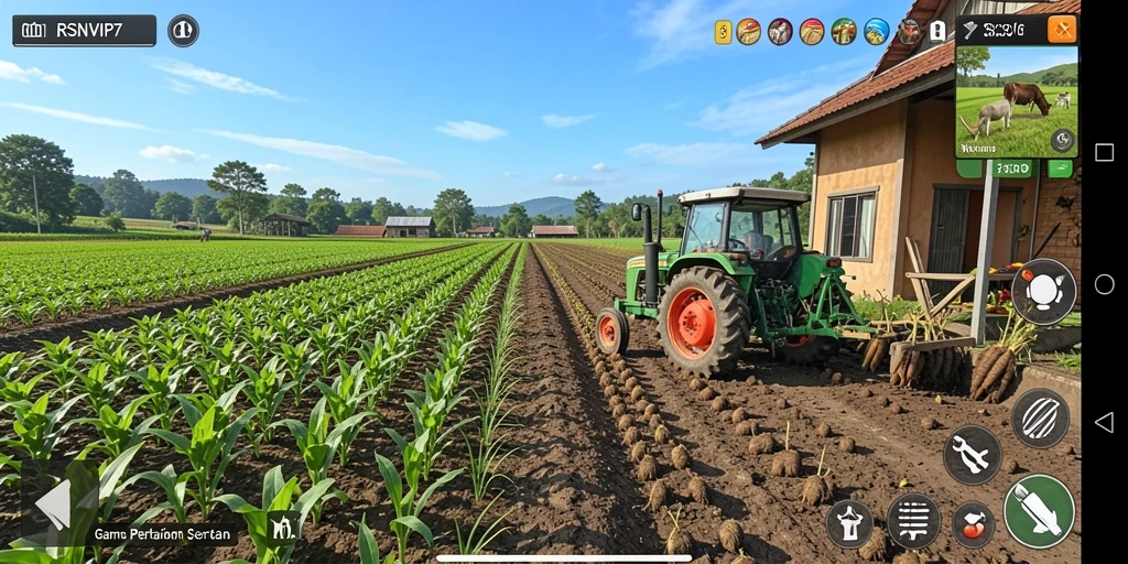 Screenshot gameplay RSNVIP7 yang menunjukkan aktivitas bertani.