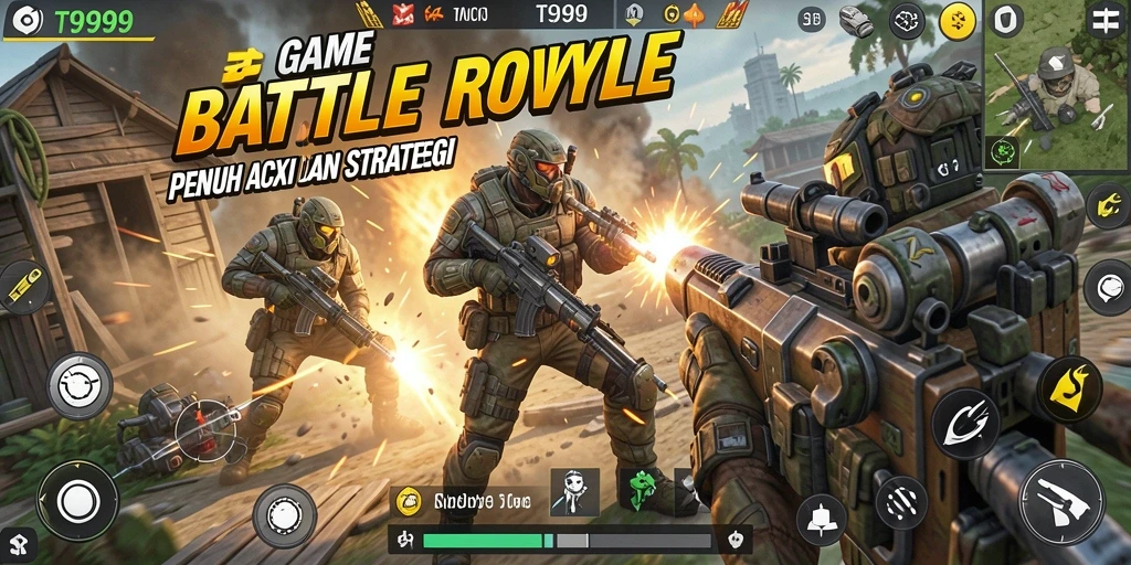 Screenshot T9999 menampilkan karakter dalam pertempuran seru di medan perang Battle Royale.