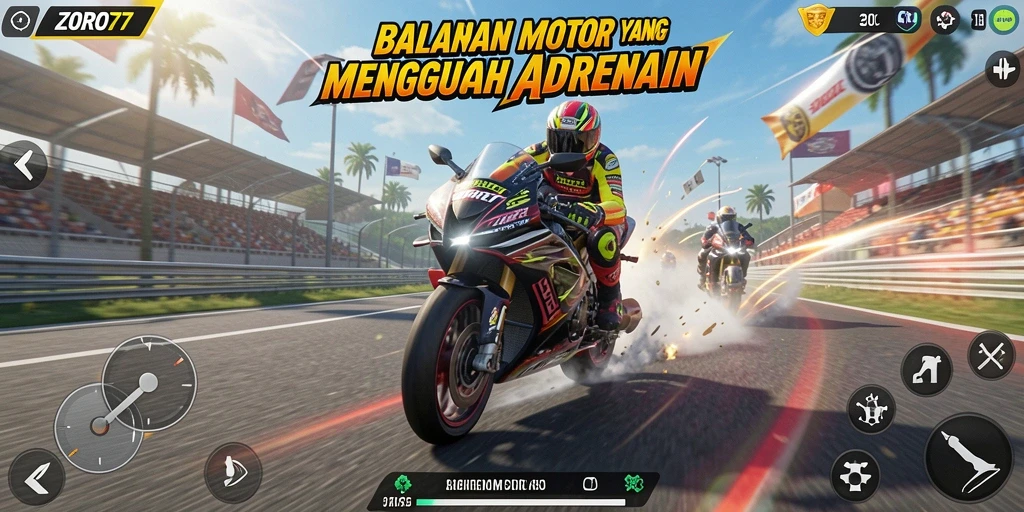 Screenshot gameplay ZORO77 dengan aksi balapan motor seru.